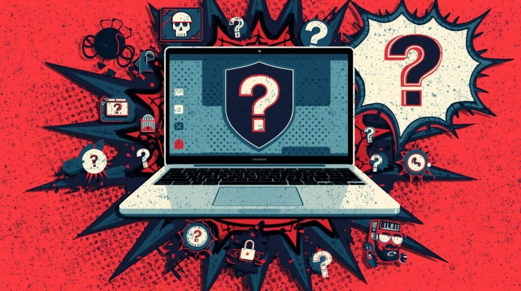 My Ethical Hacking Lab Setup (Real Hardware, VMs, and OPSEC Explained) 🧪 7 Cybersecurity pop art illustration with laptop, shield, question mark, and threat icons.