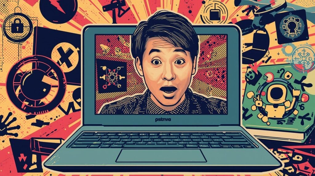 Shocked face on laptop screen, surrounded by technology icons and vibrant comic book style.