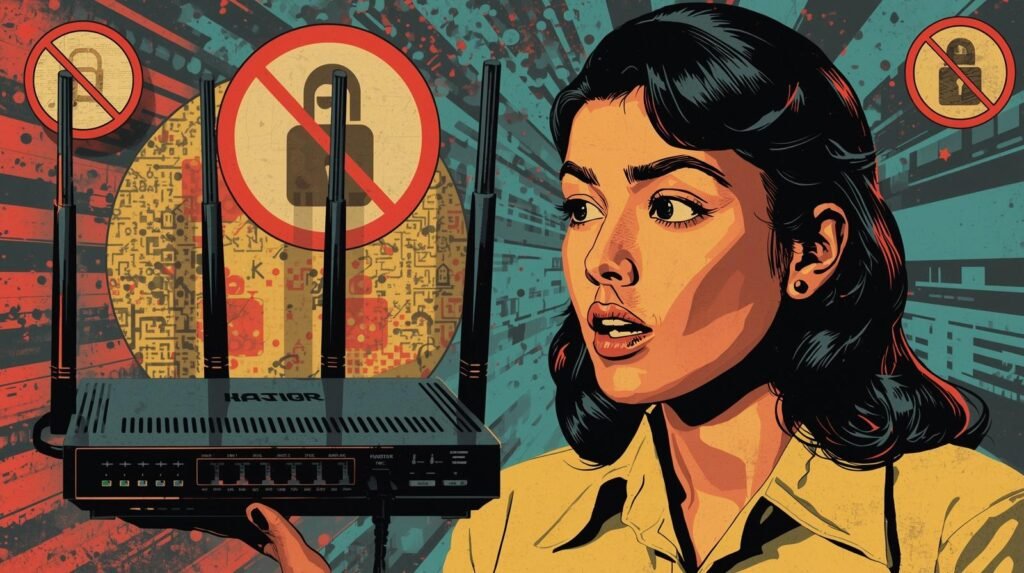 Retro comic-style woman with router, expressing tech security anxiety, digital connectivity theme.
