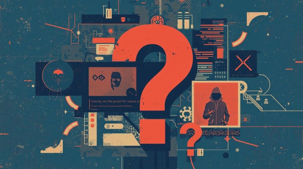 Digital enigma art: question mark, technology, circuit board, hooded figure, cyber mystery background.