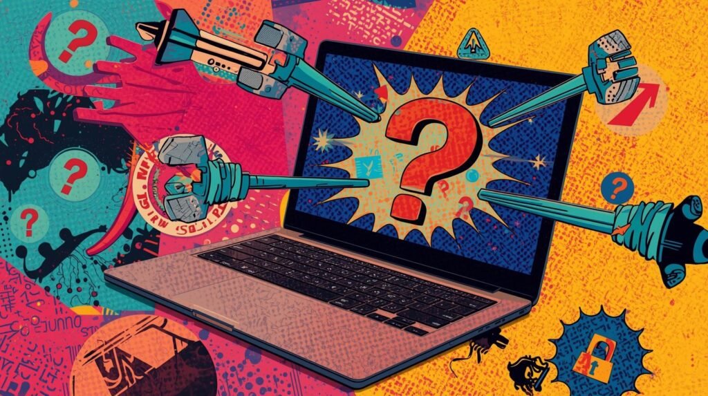 Colorful cyber security illustration of a laptop with question marks and abstract digital elements.