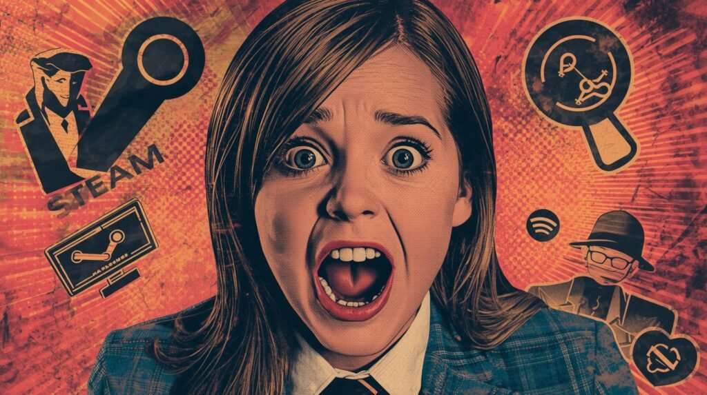 Pop art woman shocked by digital icons: Steam, Spotify, mystery, and media.