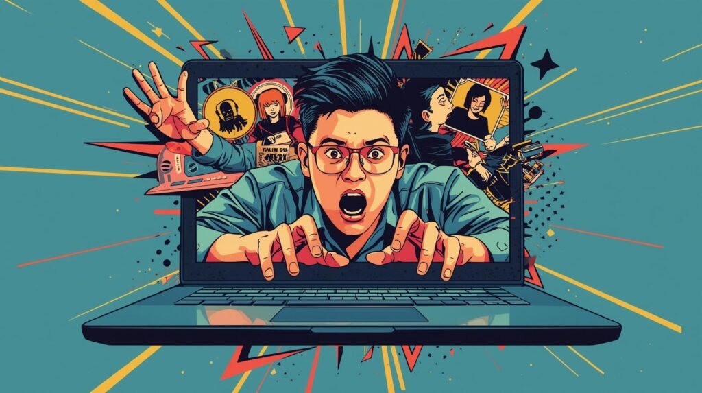 Dynamic comic-style illustration: person emerging from laptop, merging digital chaos with reality.