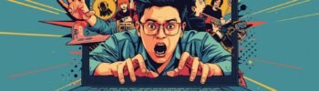 Dynamic comic-style illustration: person emerging from laptop, merging digital chaos with reality.