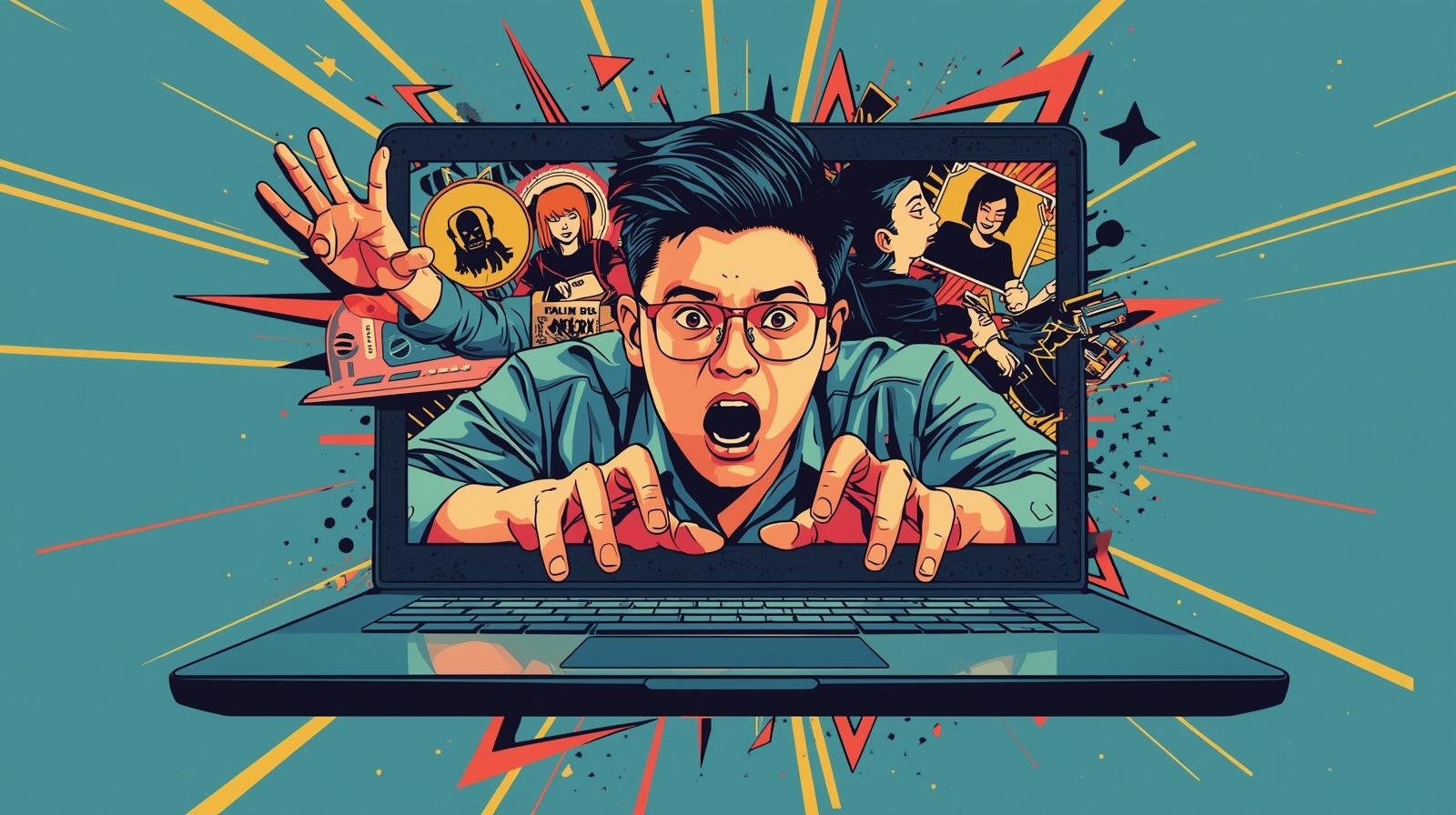 Dynamic comic-style illustration: person emerging from laptop, merging digital chaos with reality.
