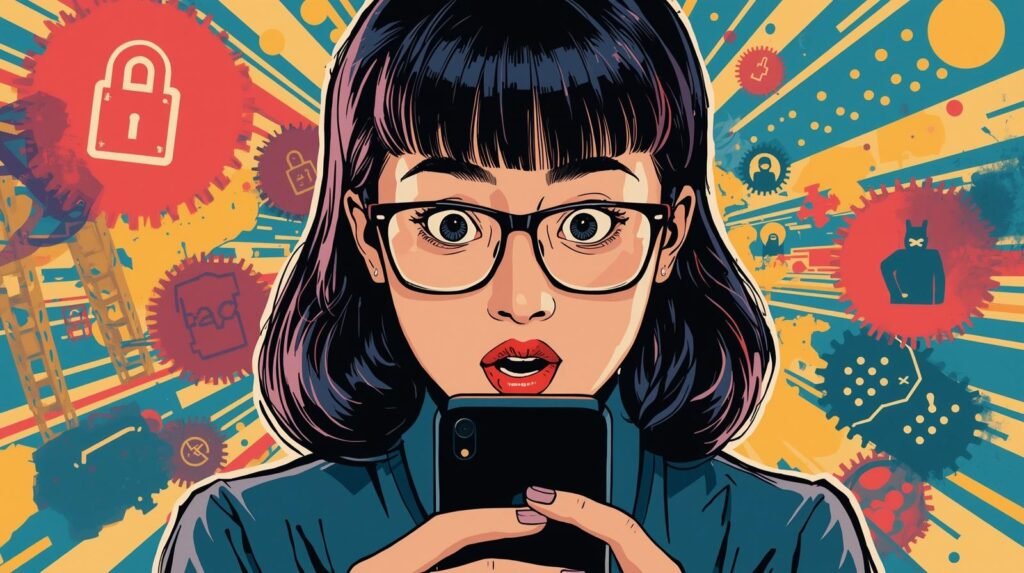 Pop-art woman shocked by phone with cybersecurity symbols, vibrant colors highlighting digital anxiety.