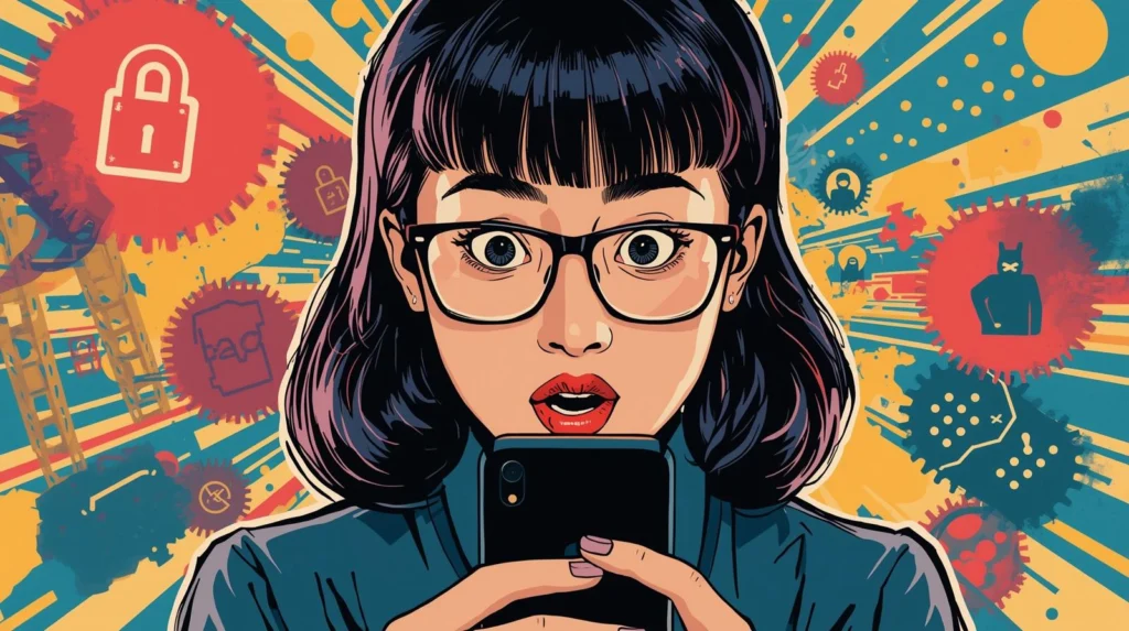 Android Phone Hacked? 9 Dangerous Signs You Shouldn’t Ignore 📱 6 Pop-art woman shocked by phone with cybersecurity symbols, vibrant colors highlighting digital anxiety.
