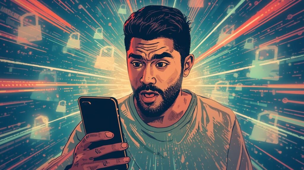 Man surprised by smartphone security alert amid vibrant digital background with padlocks.