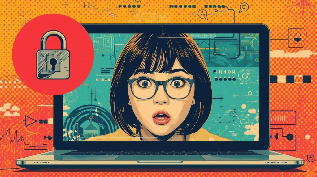 Surprised character on laptop with cybersecurity padlock, vibrant tech-inspired digital artwork.