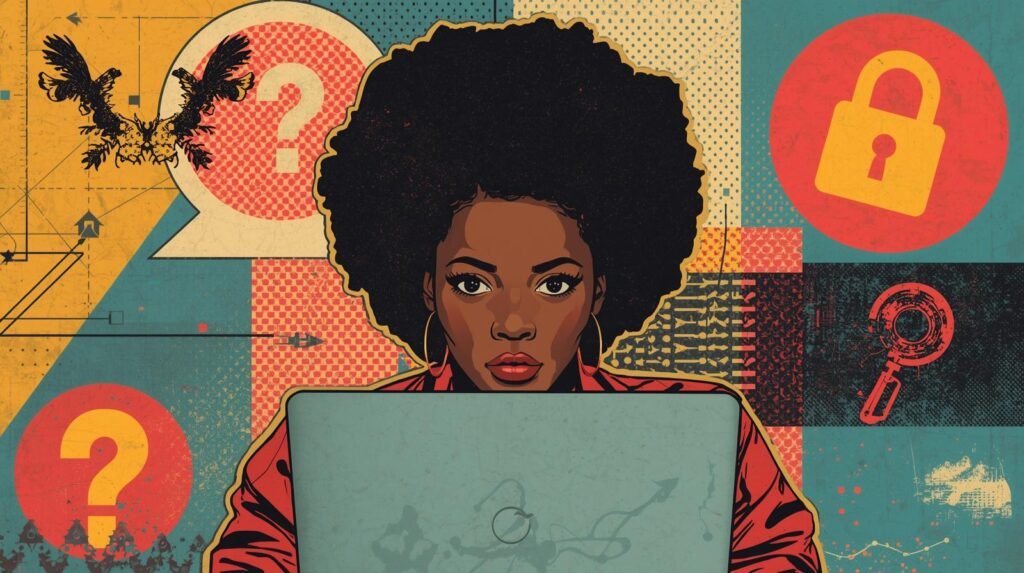 Tech-savvy woman explores digital security and inquiry using a laptop in vibrant illustration.