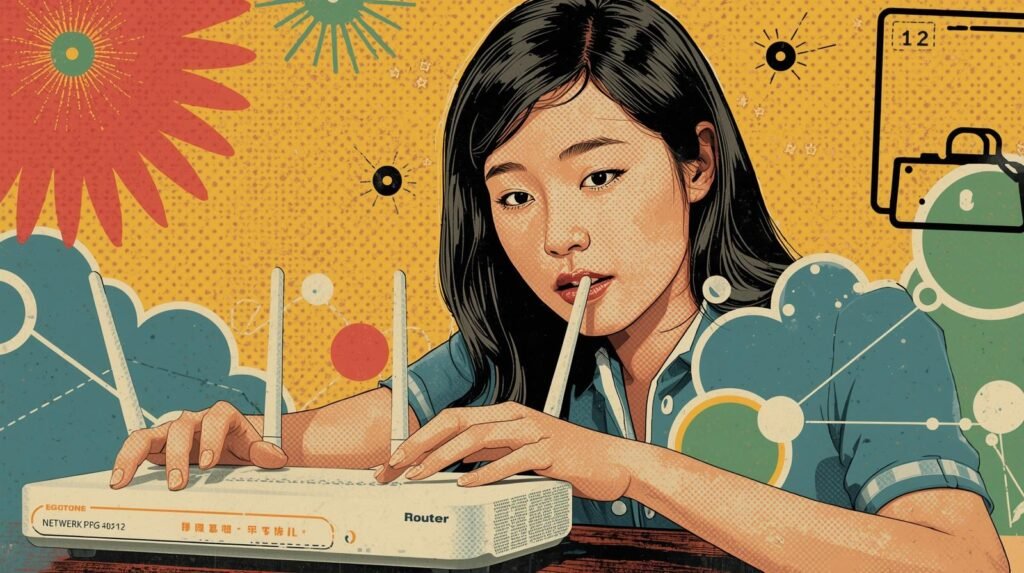 Young woman engaging with router, pop art style, technology theme, colorful abstract background.