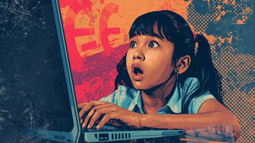 Young girl in awe of laptop, possibly discovering compromised Epic Games account.