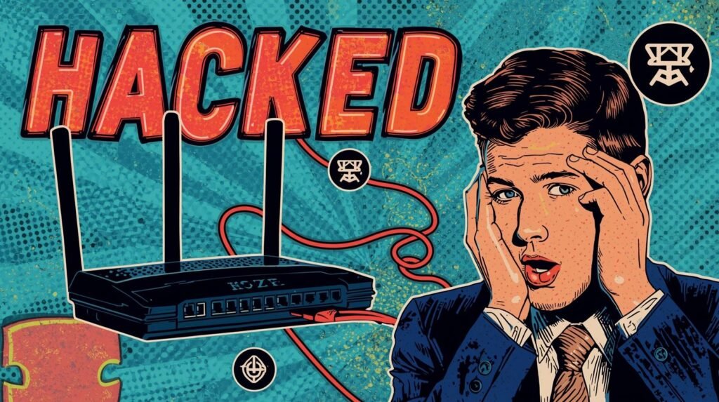 Pop-art comic illustration of HACKED with alarmed man, Wi-Fi router, and cyber intrusion.