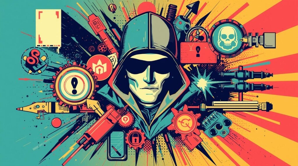 Cyberpunk pop art with hacker, gadgets, symbols, vibrant colors, and digital chaos.