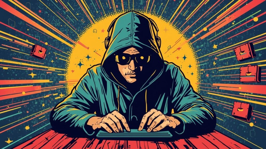 Hacker in teal hoodie with keyboard, vibrant digital backdrop, and floating briefcases.