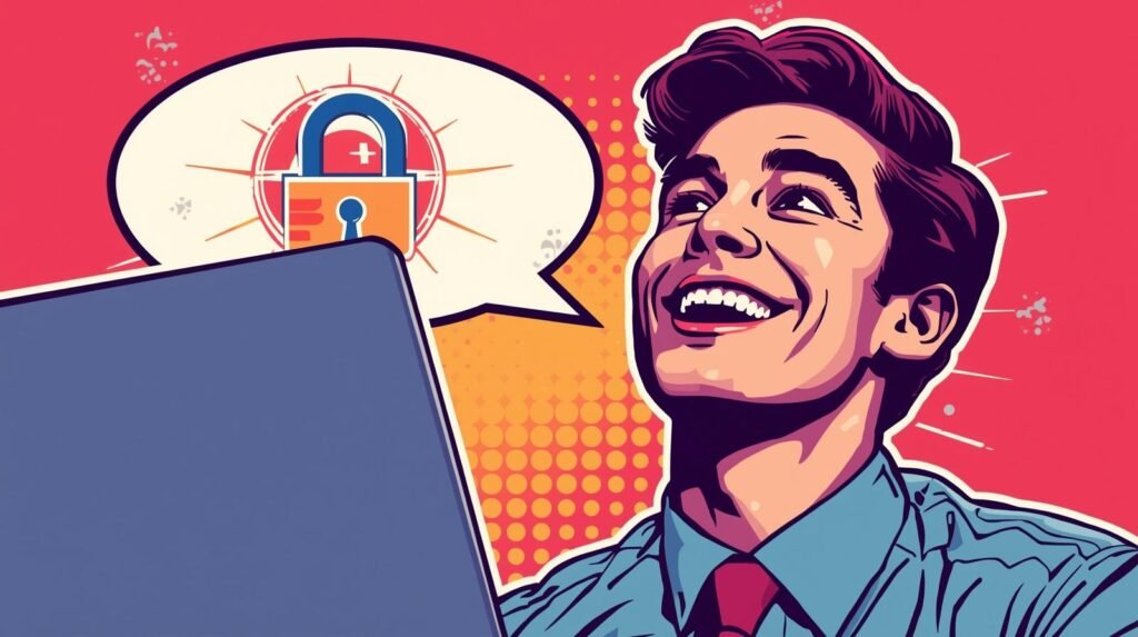 Smiling person with laptop, pop art style, symbolizing digital security and success