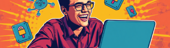 Happy man typing on laptop in cybersecurity art for Proton Unlimited pricing and features.