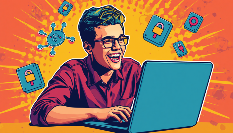 Happy man typing on laptop in cybersecurity art for Proton Unlimited pricing and features.
