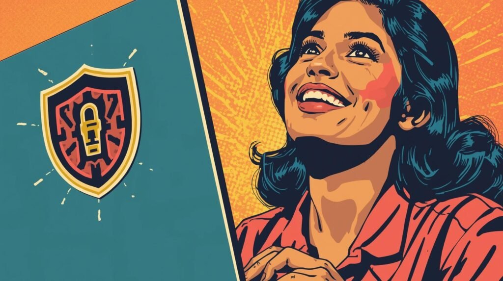 Pop art woman in red with shield, symbolizing confidence and digital security