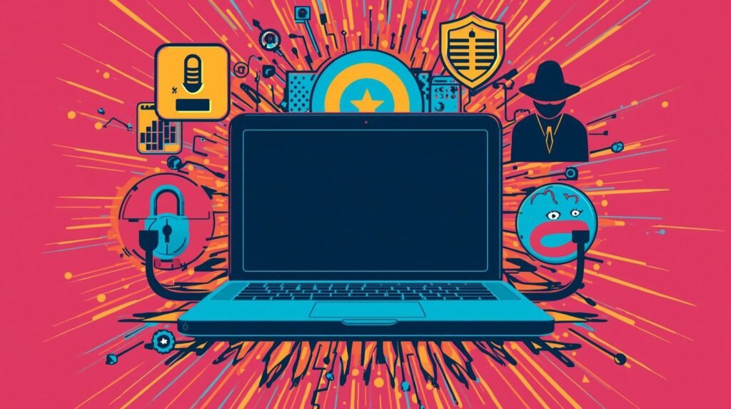 My Ethical Hacking Lab Setup (Real Hardware, VMs, and OPSEC Explained) 🧪 5 Laptop technology illustration showing cybersecurity, connectivity, and digital communication symbols.