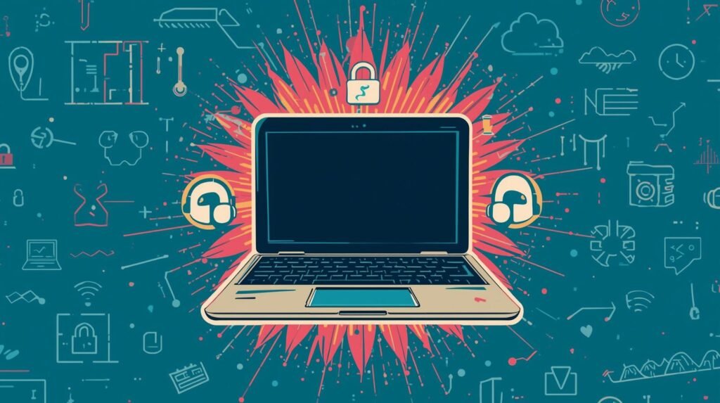 My Ethical Hacking Lab Setup (Real Hardware, VMs, and OPSEC Explained) 🧪 4 Vivid laptop illustration with headphones, tech symbols, and dynamic color burst, highlighting digital connectivity.