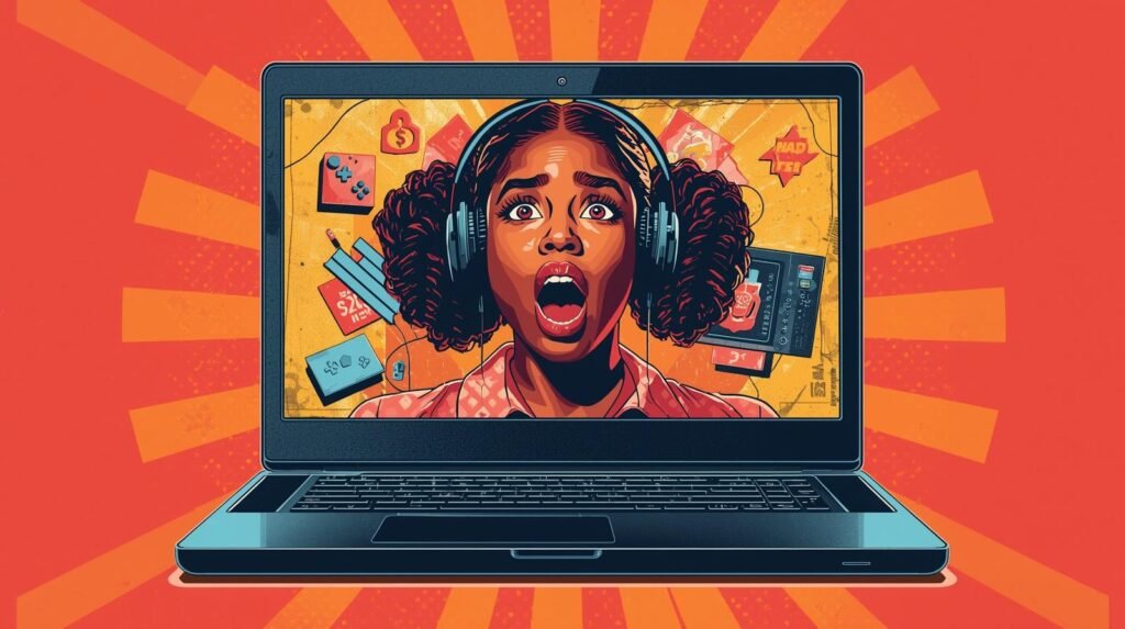 Pop-art style illustration of a surprised woman on a laptop screen with digital symbols.