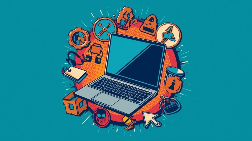 My Ethical Hacking Lab Setup (Real Hardware, VMs, and OPSEC Explained) 🧪 3 Illustration of a laptop with digital icons representing technology, innovation, and creativity.