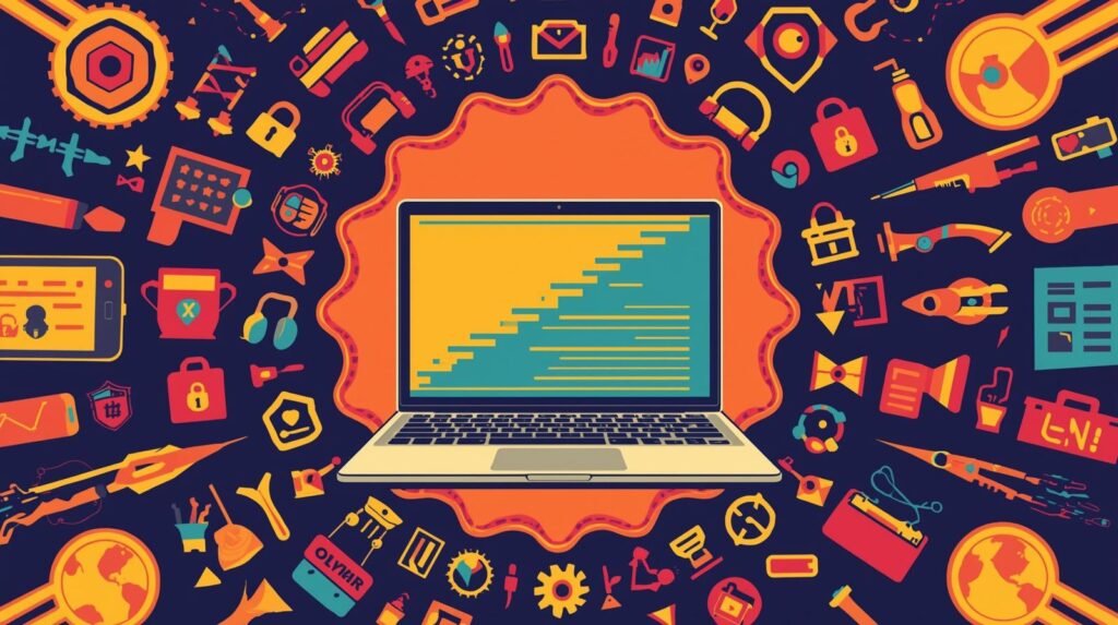 My Ethical Hacking Lab Setup (Real Hardware, VMs, and OPSEC Explained) 🧪 6 Colorful laptop with abstract data lines, tech icons, and symbols of security and connectivity.