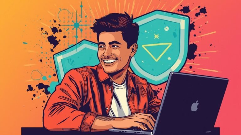 Tech-savvy individual smiling at laptop, with digital security symbols in vibrant background.