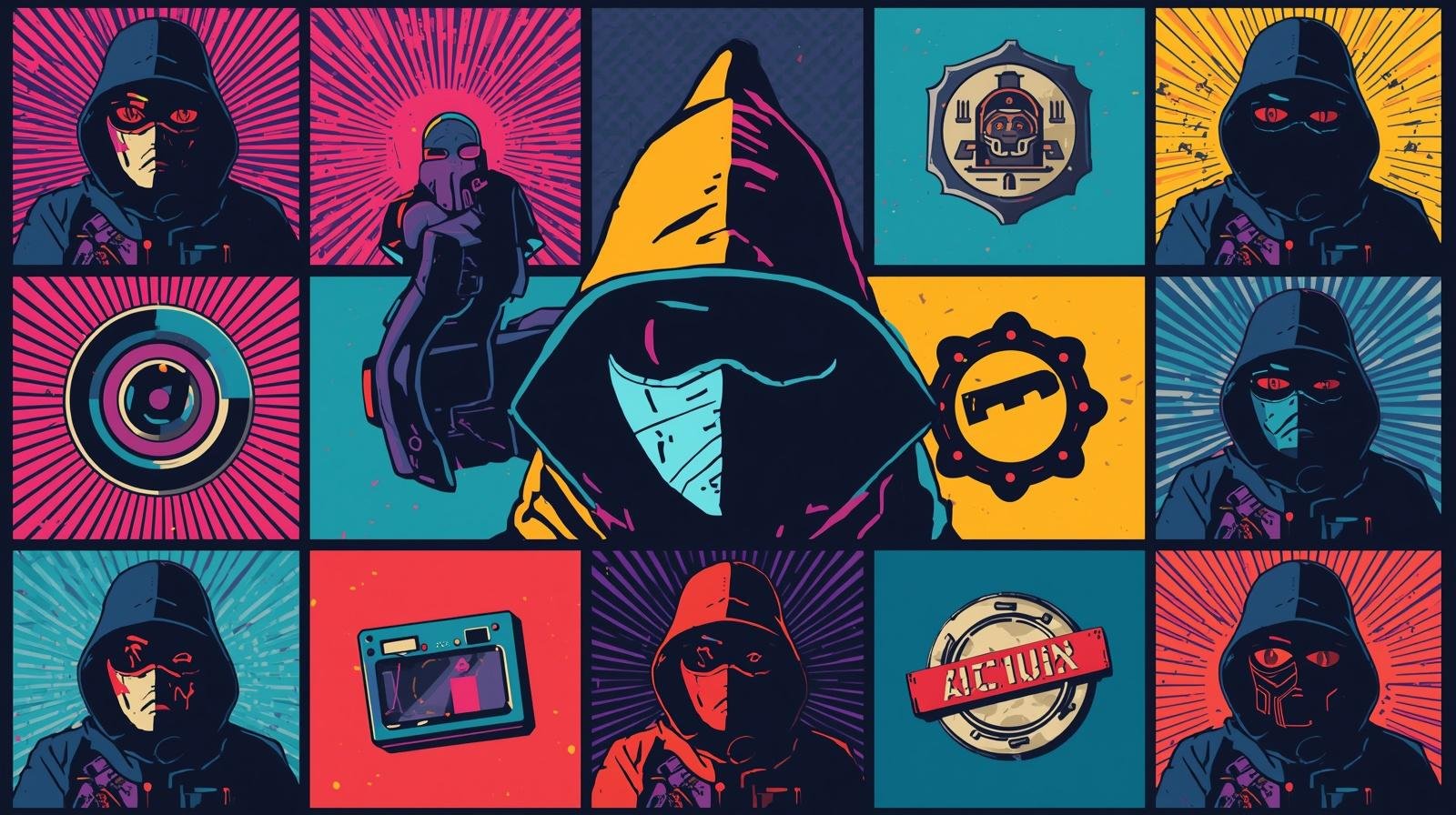 Pop art collage of technology, anonymity, surveillance with masked figures and digital elements.