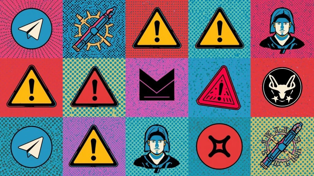 Pop art grid with symbols: airplane, pen, warning signs, envelope, and figures, in vibrant colors.