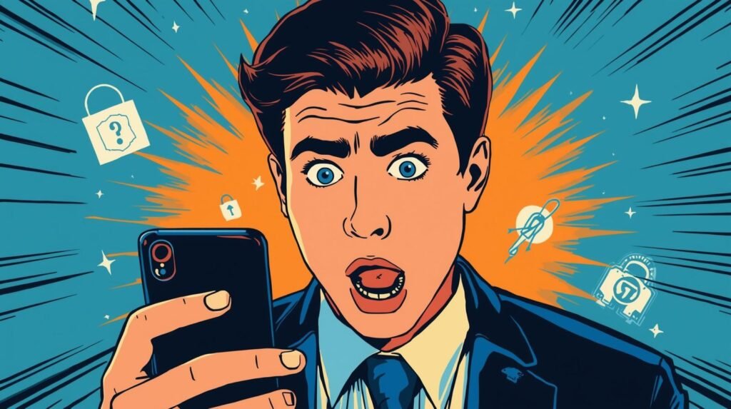 Pop-art illustration of a shocked man in suit reacting to smartphone with security symbols.