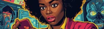 Pop art woman shocked at phone; futuristic dystopian characters in background.