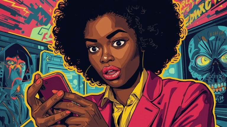 Pop art woman shocked at phone; futuristic dystopian characters in background.