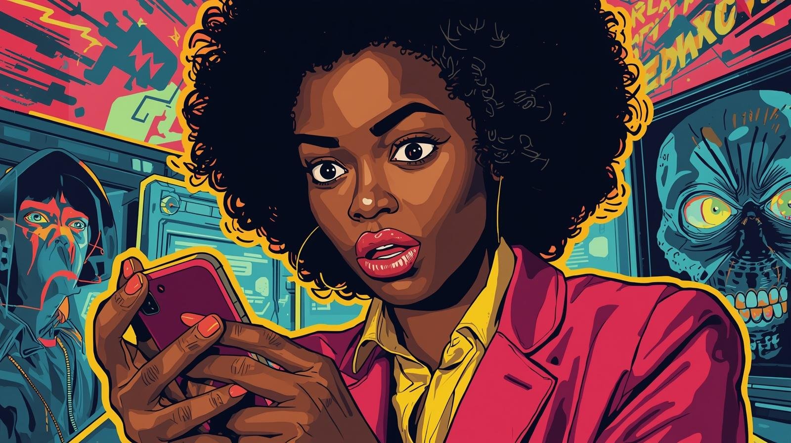 Pop art woman shocked at phone; futuristic dystopian characters in background.