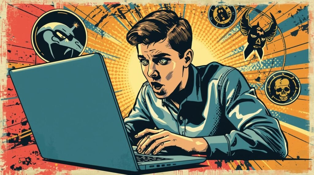 Comic-style illustration of shocked man using laptop, surrounded by vibrant colors and mysterious symbols.