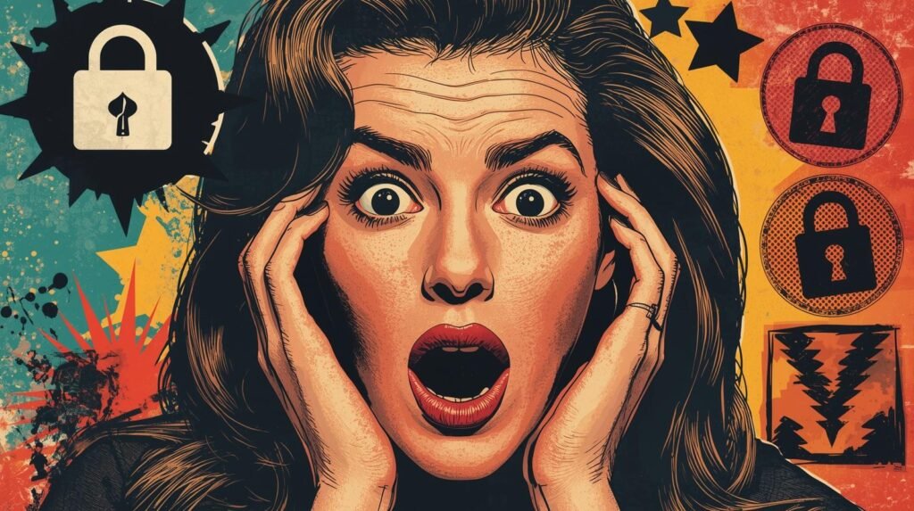 Pop-art woman shocked, vibrant chaos, security symbols, urgency, emotional intensity.