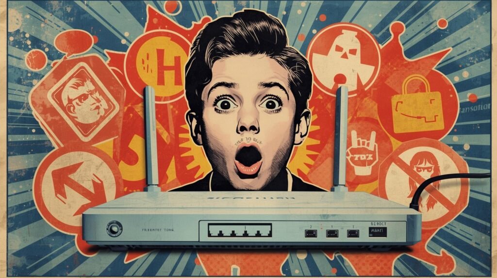 Pop art illustration of a surprised person amidst digital and vintage technology symbols.