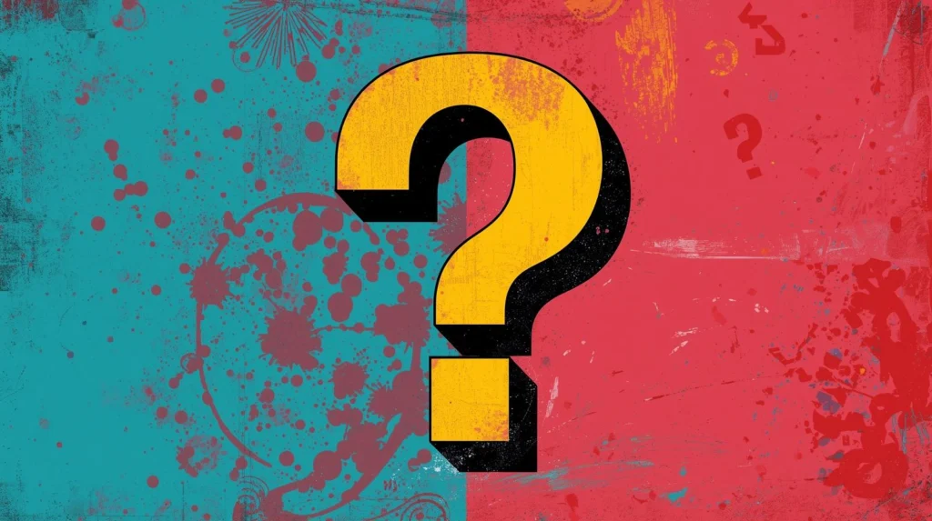 Abstract image of a yellow question mark on contrasting teal and red backgrounds.