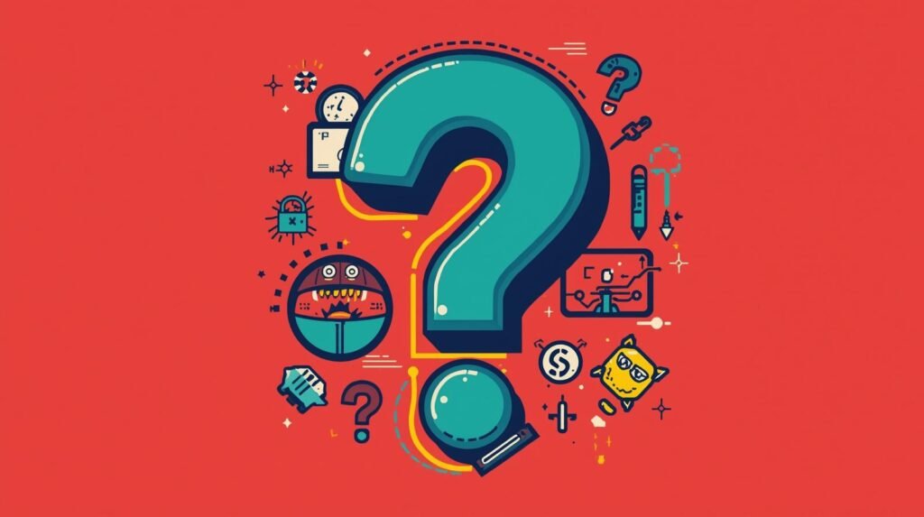 Vibrant illustration with a teal question mark exploring curiosity, creativity, and technology.
