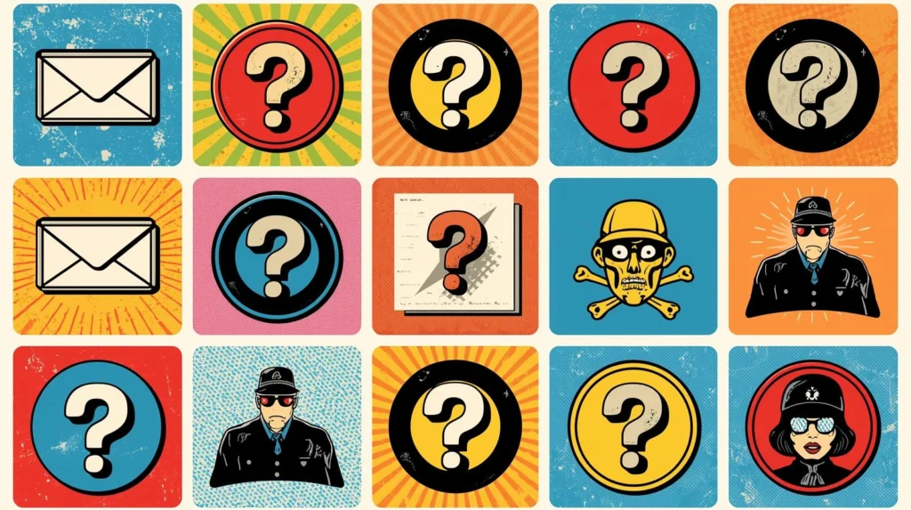 Retro pop-art grid with vibrant colors, question marks, envelopes, and figures.