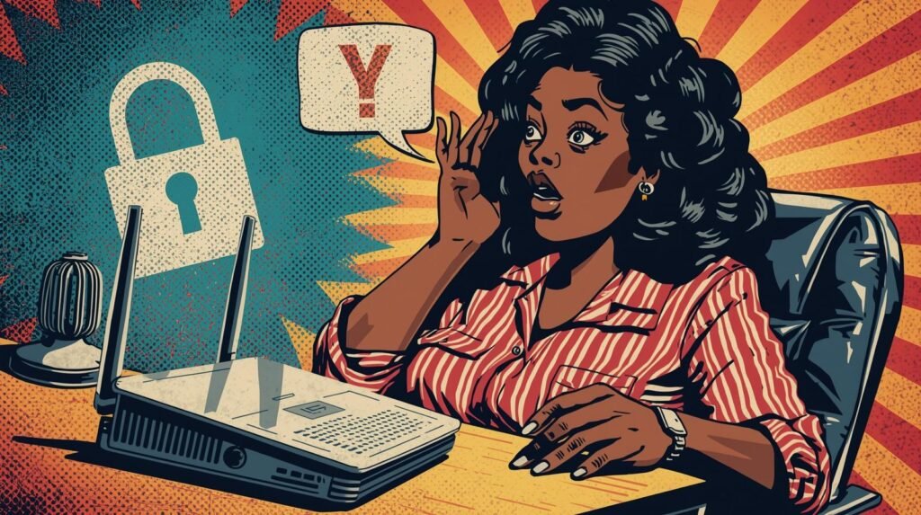 Pop art woman shocked by internet security issue with router and padlock.