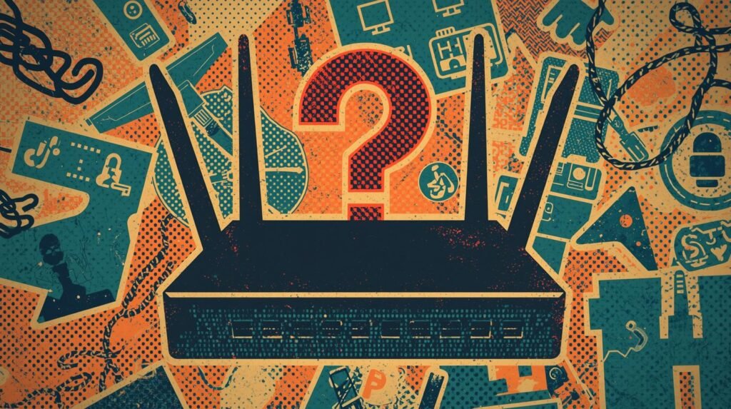 Wireless router with question mark, illustrating connectivity, cybersecurity, technology complexity.