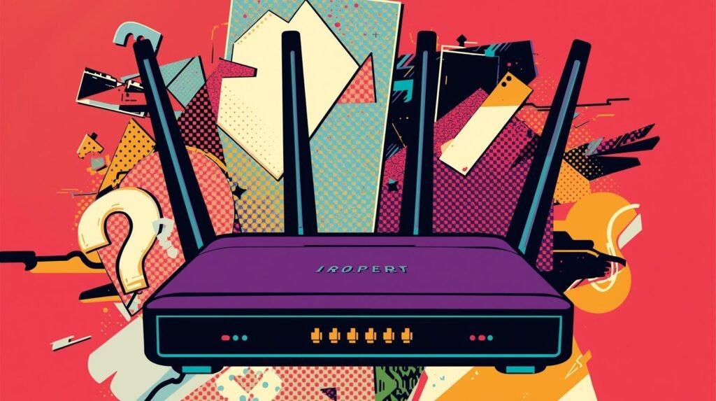 Vibrant wireless router art with geometric patterns and question mark on red background.