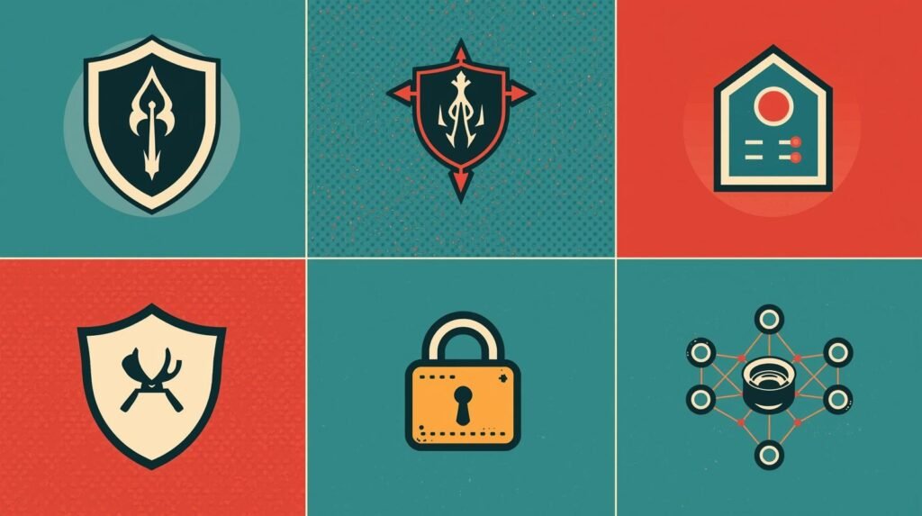 Kali Linux Tools for Beginners: 15 Must-Have Tools Explained 🧩 4 Vintage-style grid of security-themed icons: shields, tools, lock, and network on teal/red backgrounds.