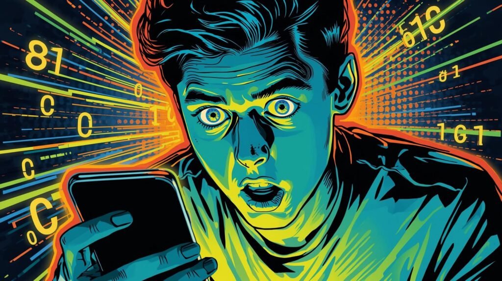 Person shocked by smartphone, digital symbols and data flow, intense colorful illustration.