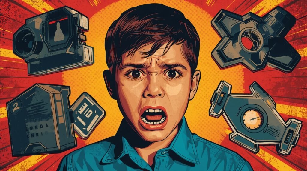 Young boy surprised amid futuristic gadgets, comic-book style illustration with vibrant colors.