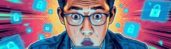 Man surprised by smartphone, digital security icons, comic style illustration.