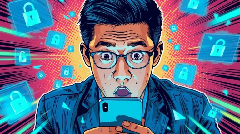Man surprised by smartphone, digital security icons, comic style illustration.