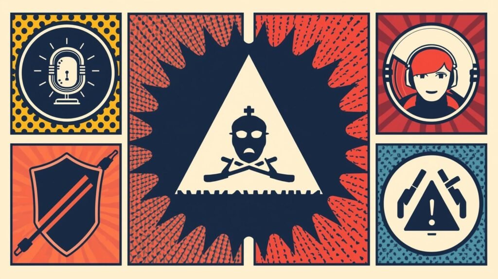 Retro digital artwork with mystery, communication, media, security, and caution symbols.